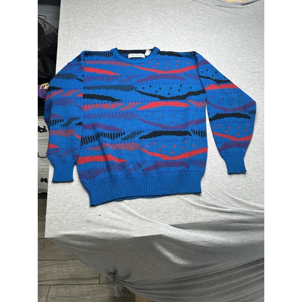 VTG 80s Bugle Boy Men's Blue Striped‎ Sweater XL